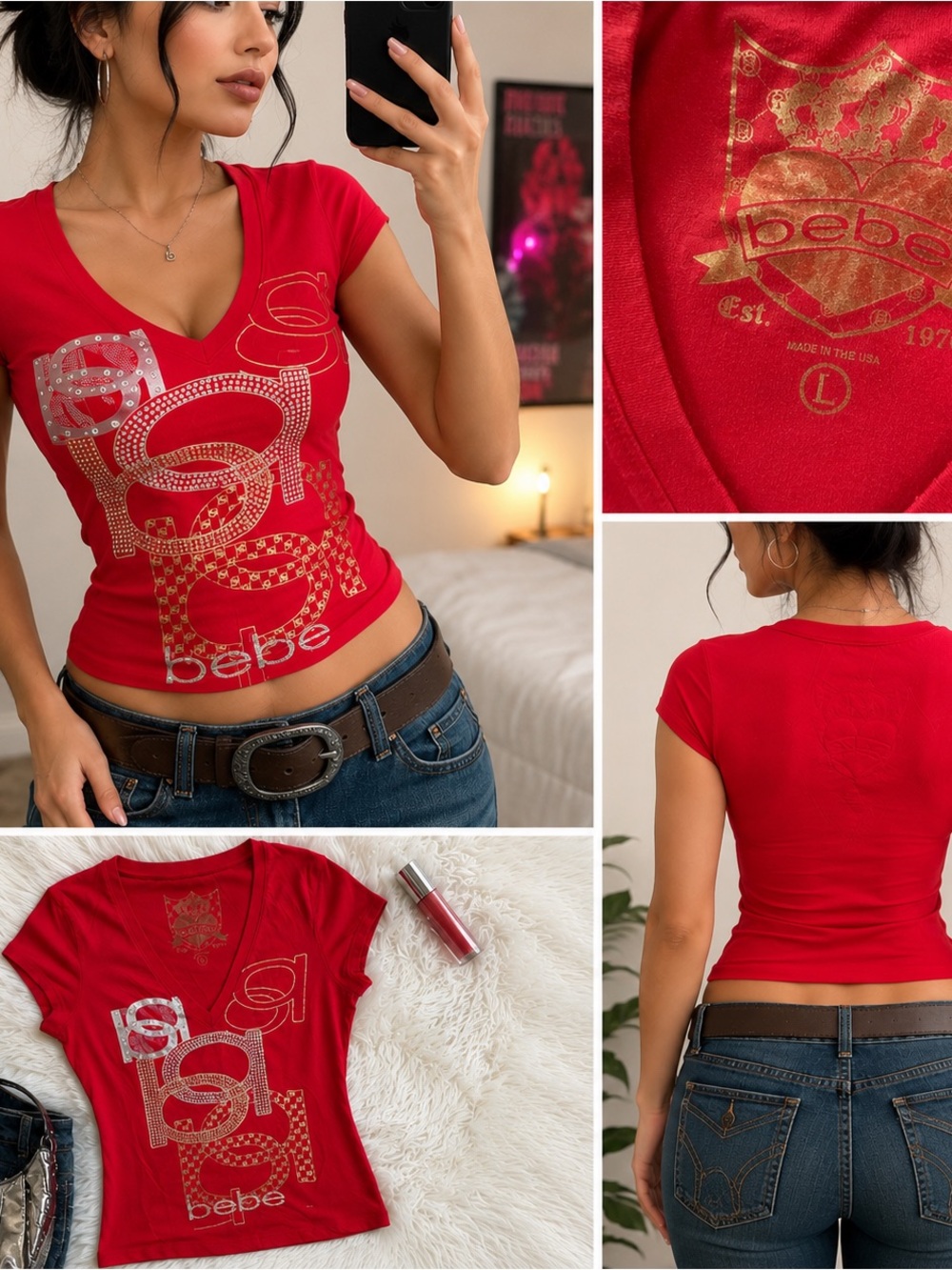 bebe Red V-Neck Rhinestone Logo Tee